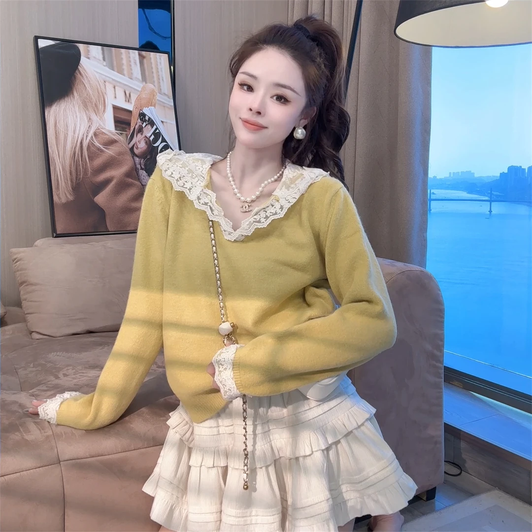 2025秋冬新款百搭长袖连帽拼接蕾丝百搭慵懒风套头针织上衣H3-22