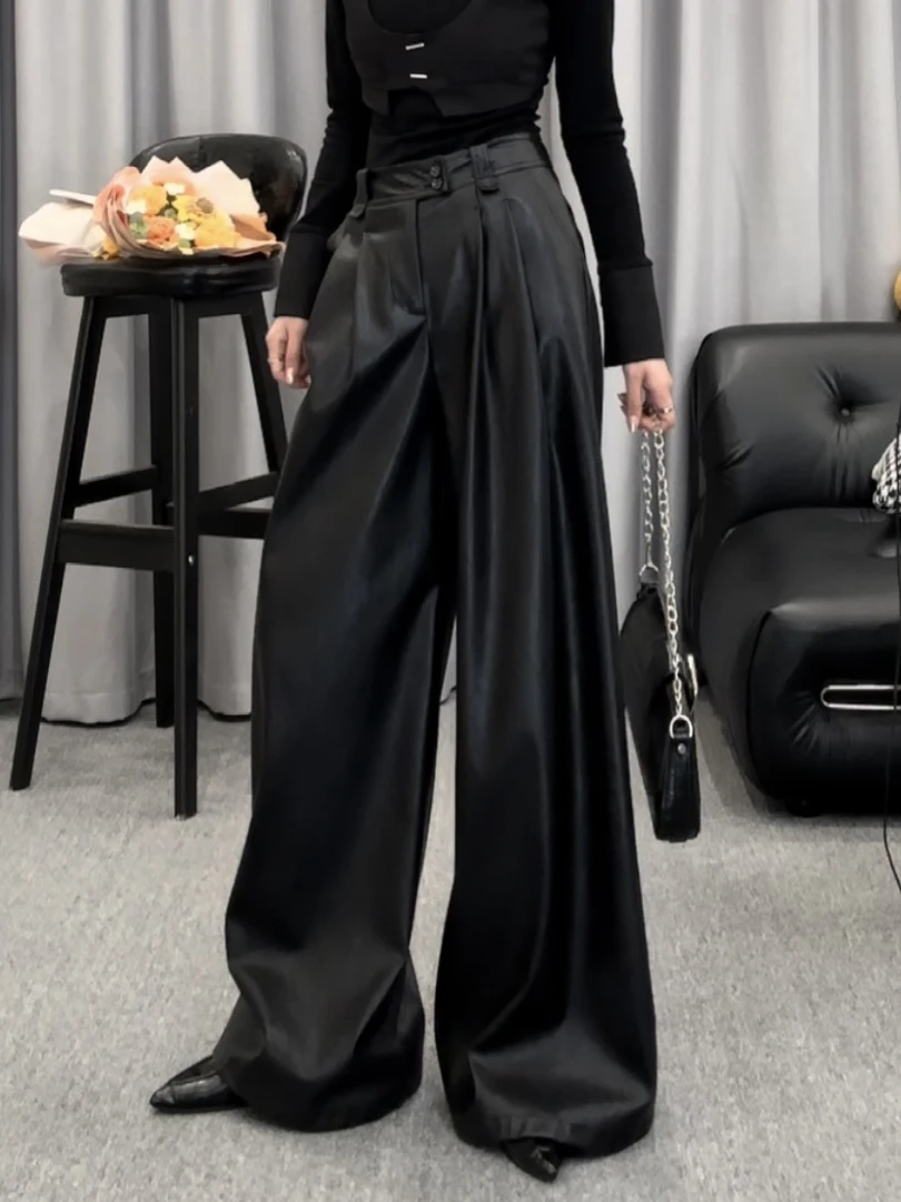 K1999欧货阔腿黑色休闲皮裤女2025冬复古高腰宽松显瘦直筒阔腿裤