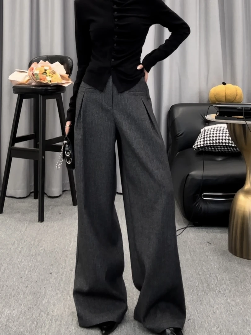 D2263阔腿西装裤复古深灰简约高级感秋冬新款时尚气质百搭休闲裤
