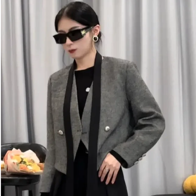 W3993高级感飘带西装外套女春季设计小众单排扣短款休闲显瘦西服