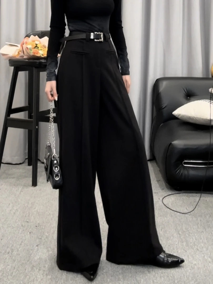 K1618宽松阔腿长裤女秋冬遮肉显瘦百搭西装捏折长裤高腰直筒裤