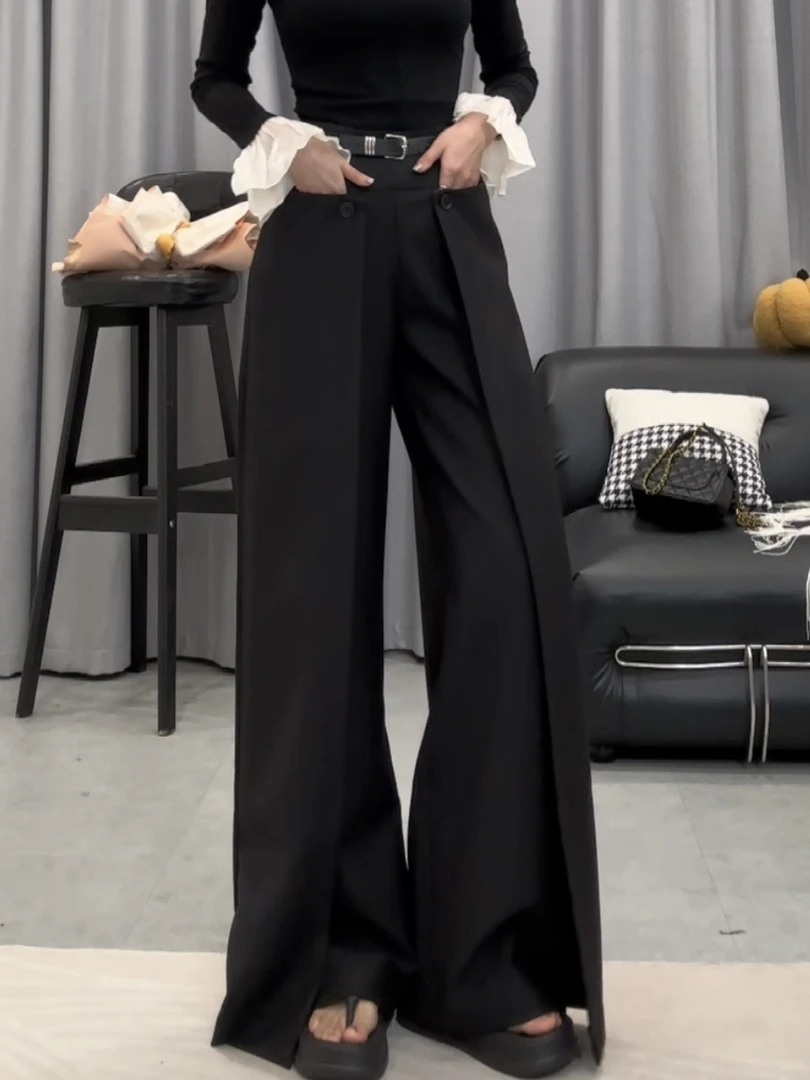 23846西装裤黑色女宽松直筒秋高腰阔腿裤设计感假两件休闲拖地裤