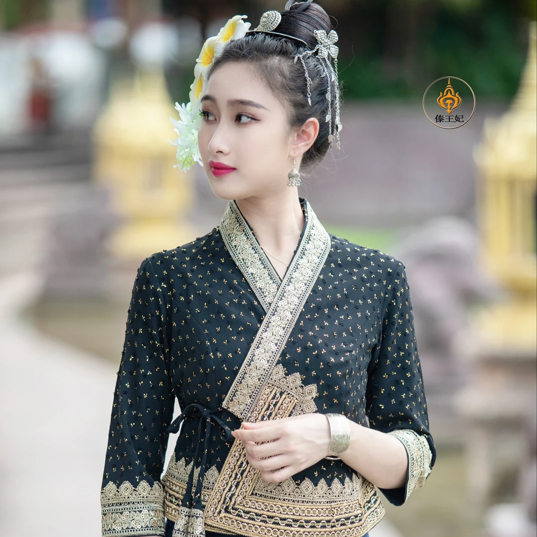 傣王妃服饰傣族传统复古女套装修身宫廷中袖筒裙旅拍摄影网红工作