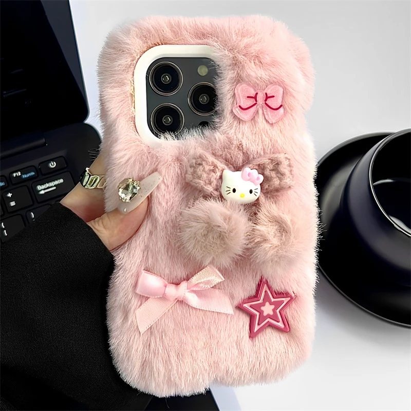 苹果15华为oppo/vivo小米毛绒蝴蝶结kt猫可爱少女手机壳mate60pro