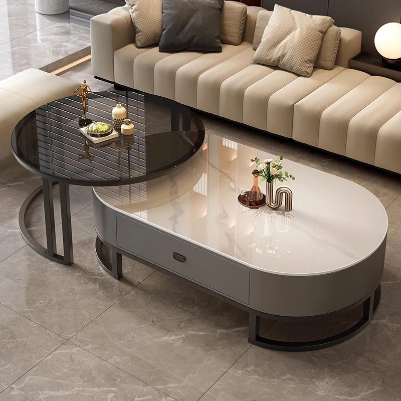 简约可伸缩客厅钢化茶几升降意式椭圆形桌子轻奢钢化玻璃储物