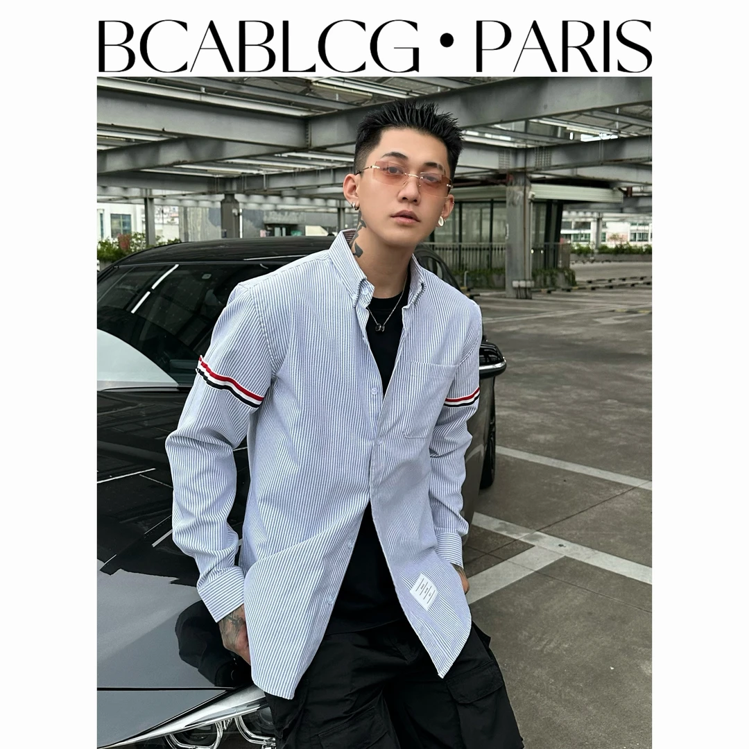 【春秋爆款】TB织带牛津纺经典条纹防晒衬衫男士长袖上衣慵懒衬衣男