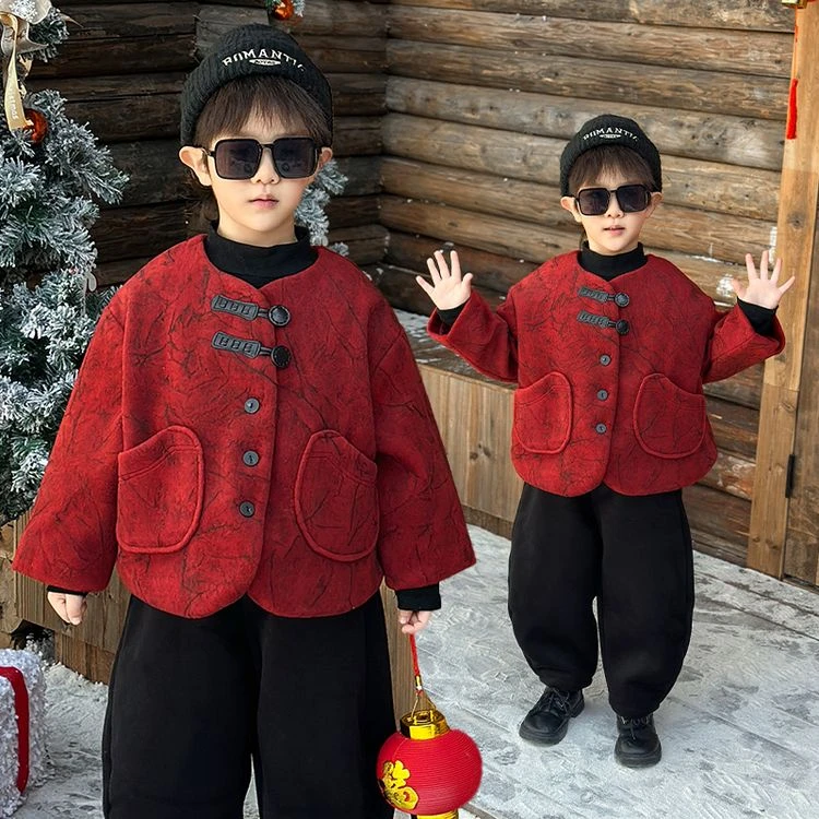 男宝宝新款冬季唐装儿童加厚新中式拜年服套装中小童喜庆两件套