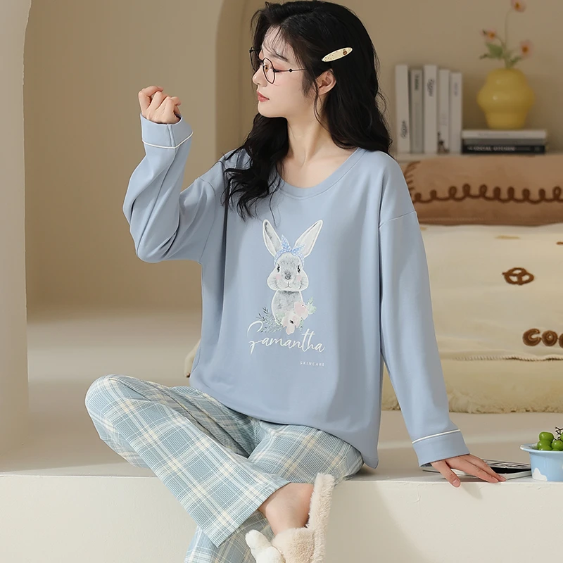 卡之恋睡衣女春秋款纯棉长袖蓝色网红长耳兔奶系可爱家居服两件套