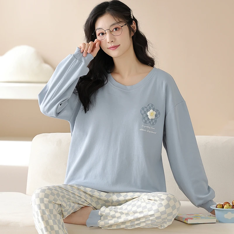 卡之恋睡衣女春秋款长袖薄款棉蓝色简约日系格子长裤家居服套装