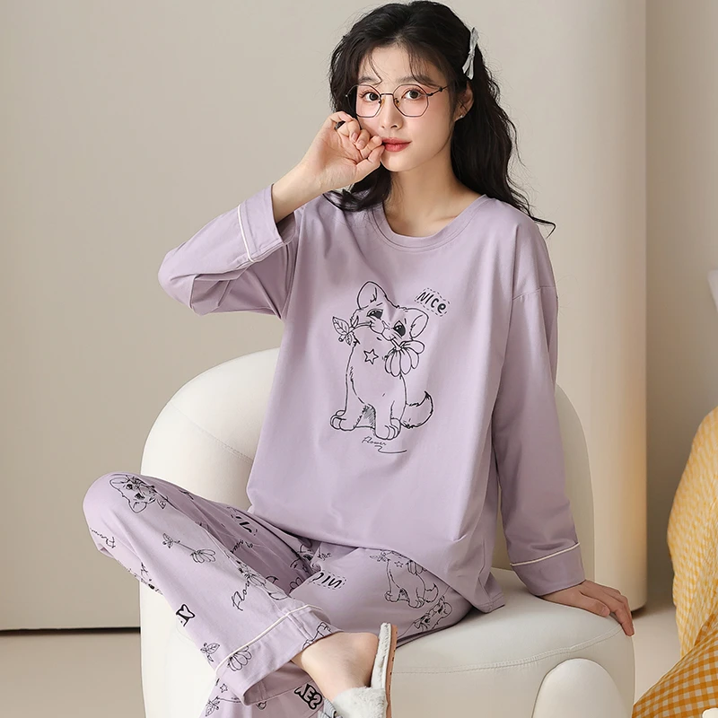 卡之恋睡衣女纯棉春秋长袖圆领薄款紫色傲娇小猫动漫家居服两件套