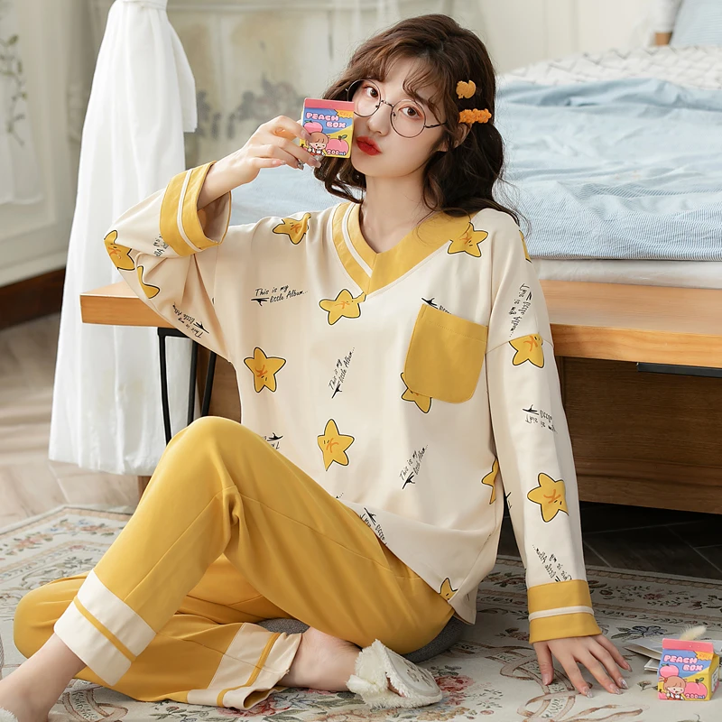 卡之恋睡衣女春秋纯棉长袖薄款秋季V领星星印花学生可外穿家居服