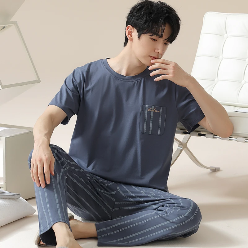 卡之恋男士睡衣套装夏季薄款纯棉藏蓝短袖T恤长裤条纹全棉家居服
