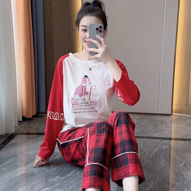 卡之恋睡衣新款长袖春秋季圆领红色小狗格子长裤纯棉睡衣家居服