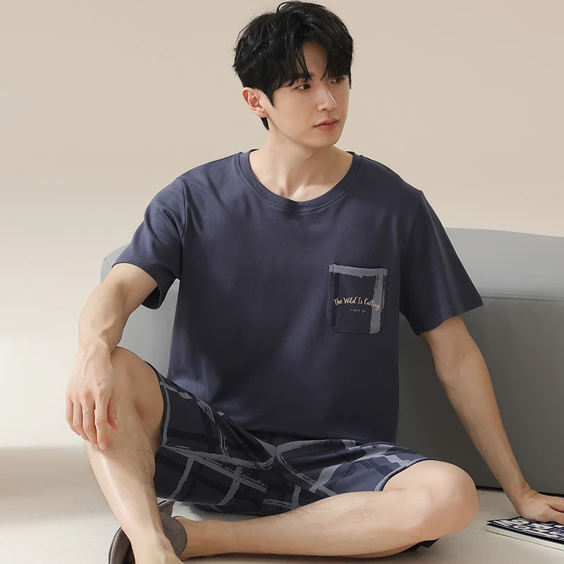 卡之恋睡衣男纯棉夏季薄款短袖短裤蓝色宽松加肥加大码套装家居服