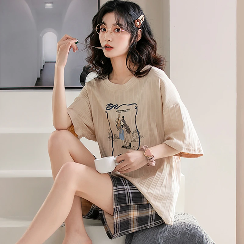 卡之恋睡衣女款夏季短袖纯棉薄款美拉德短袖格子裤夏款套装家居服