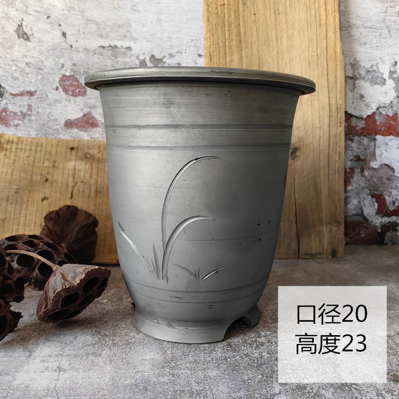 直播福利口20高23雕刻金钟手工制作兰花泥瓦罐存在手工制作迹象