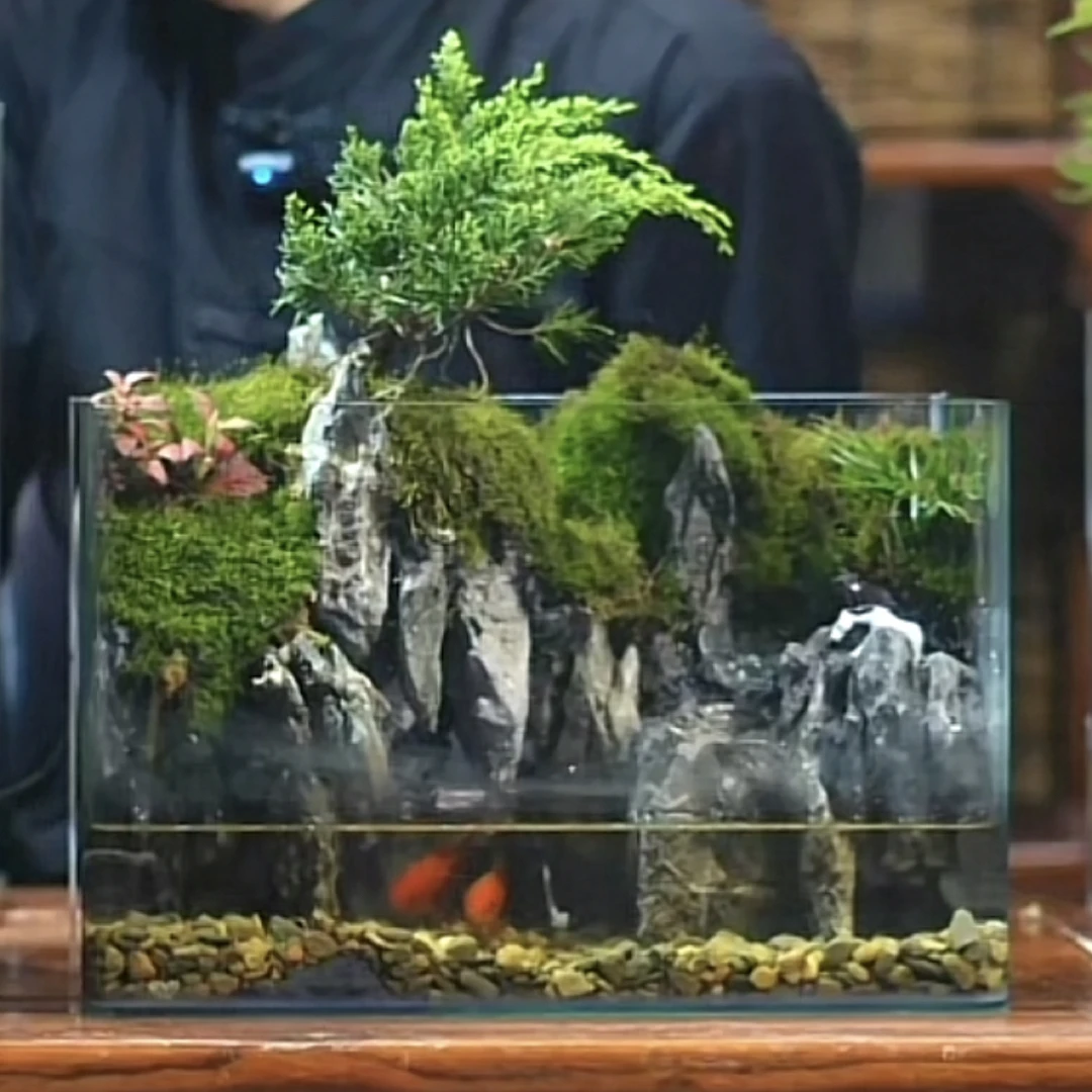 【重峦】30*18*20室内纯手工真植物真石头桌面微景观成品鱼缸水景观