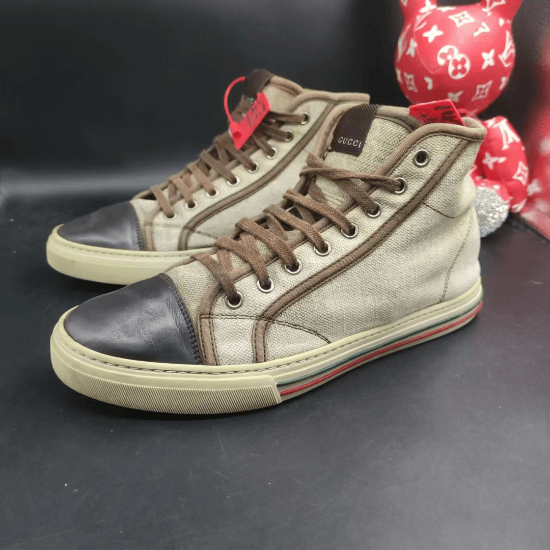 【147特惠】GUCCI/古驰 经典麻布色高帮贝壳头时尚舒适板鞋40欧码