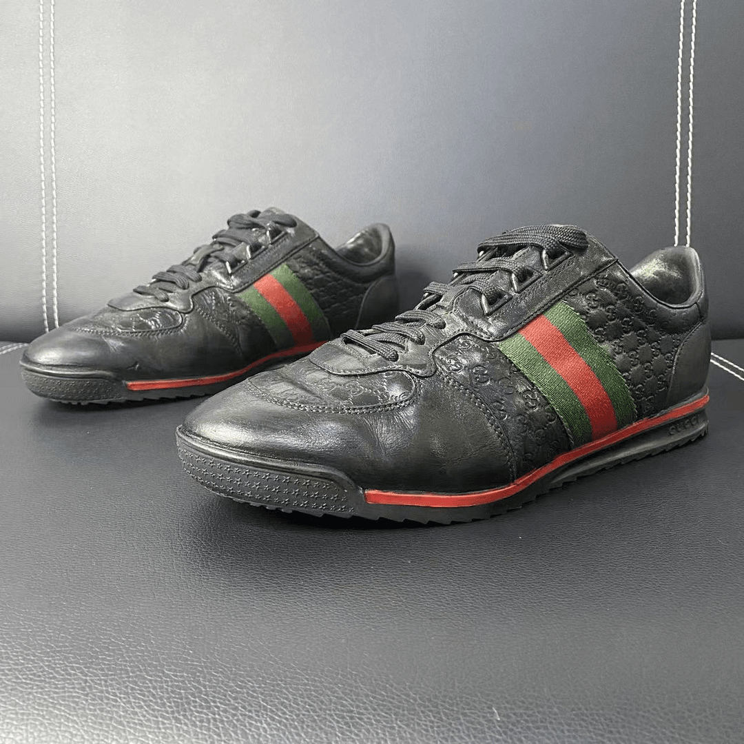 【147特惠】GUCCI/古驰 男士经典黑色印花高尔夫休闲鞋90新正品保