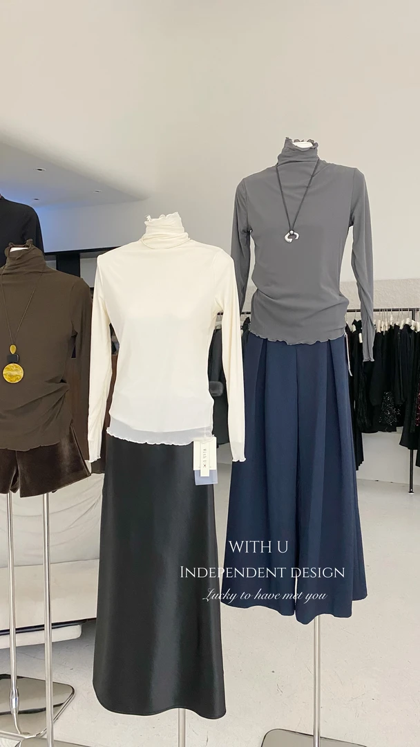 With U（9wt9880#）加绒波浪边高领网纱打底T恤 9-123