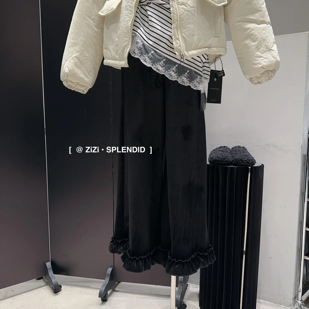 ZiZi 福秒（9Zi2931#）加绒丝绒花边休闲裤 9-1110