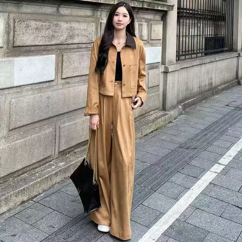 时尚套装女2024秋季新款洋气显瘦韩系短款夹克外套阔腿裤两件套