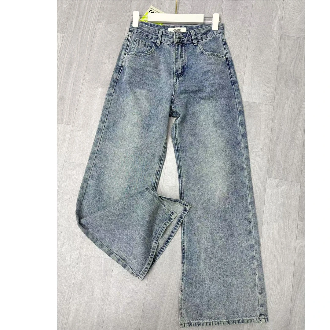 372#宽松直筒高腰裤口开衩拖地阔腿牛仔裤休闲长裤【裤长约102】