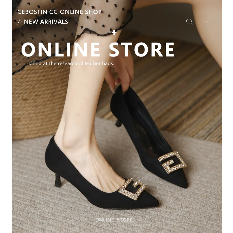 职业低跟3cm细跟中跟黑色绒面尖头单鞋女气质百搭浅口工作高跟鞋