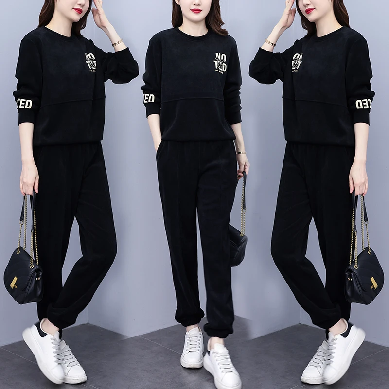 大码套装2023春秋新款胖mm宽松时尚圆领洋气显瘦休闲卫衣两件套