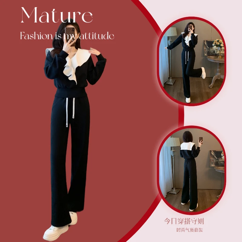 休闲运动套装女秋季长袖设计感时尚宽松减龄显瘦气质高腰直筒套装