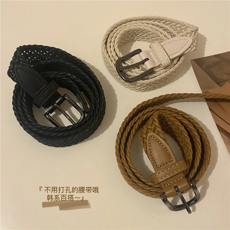 不用打孔~麻绳编织腰带四季通用百搭复古棕色休闲皮带女裤带新款