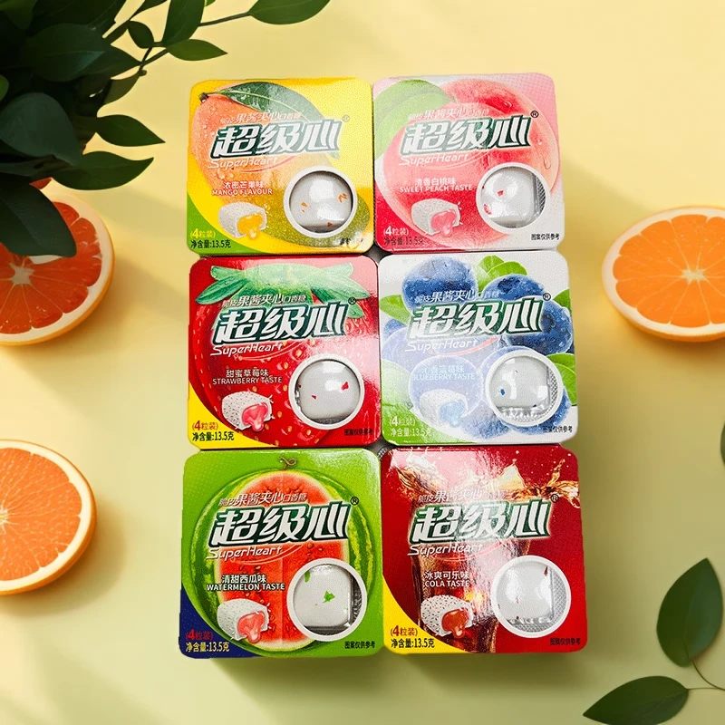 超级心脆皮果酱夹心口香糖混合清凉水果味薄荷泡泡糖儿童清新香味