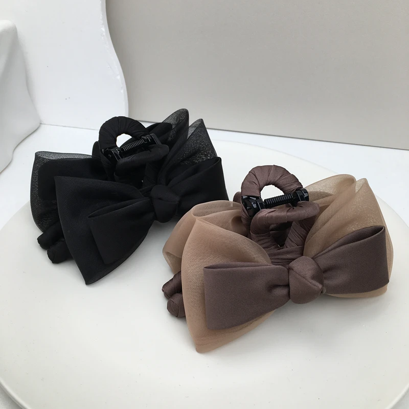 1810网纱蝴蝶结发夹抓夹韩版优雅气质头饰发抓竖夹女黑色时尚法式