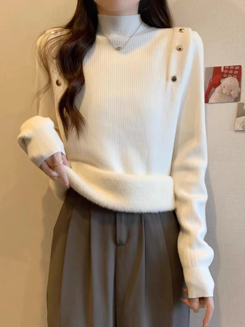 半高领一体绒亮丝加厚秋冬季2024新款套头长袖针织打底衫B21