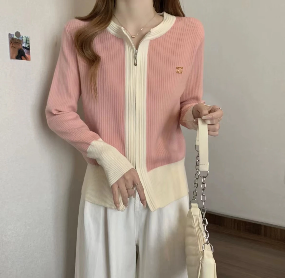 2025秋季新款圆领条纹开衫针织上衣女甜美慵懒风百搭毛衣A16