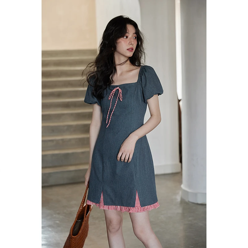 seemon新款夏法式气质泡泡袖收腰显瘦蝴蝶结方领连衣裙女Q17403