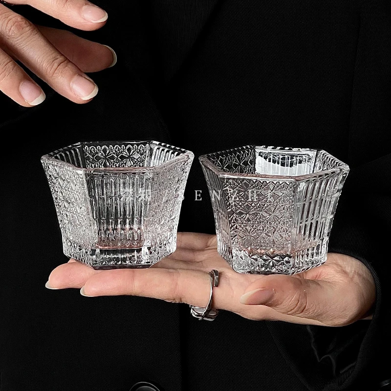 日式中古vintage主人杯锤纹防烫茶杯六角小酒杯清酒杯隔热玻璃杯