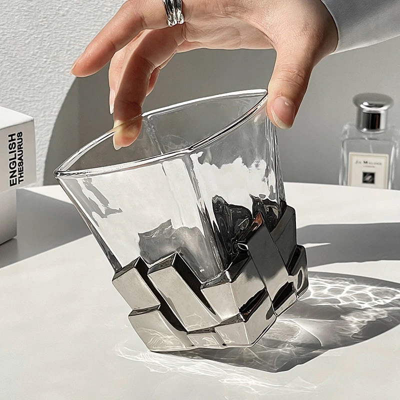 艺术设计感太空银冰块杯限定酒杯轻奢家用玻璃水杯子创意威士忌杯