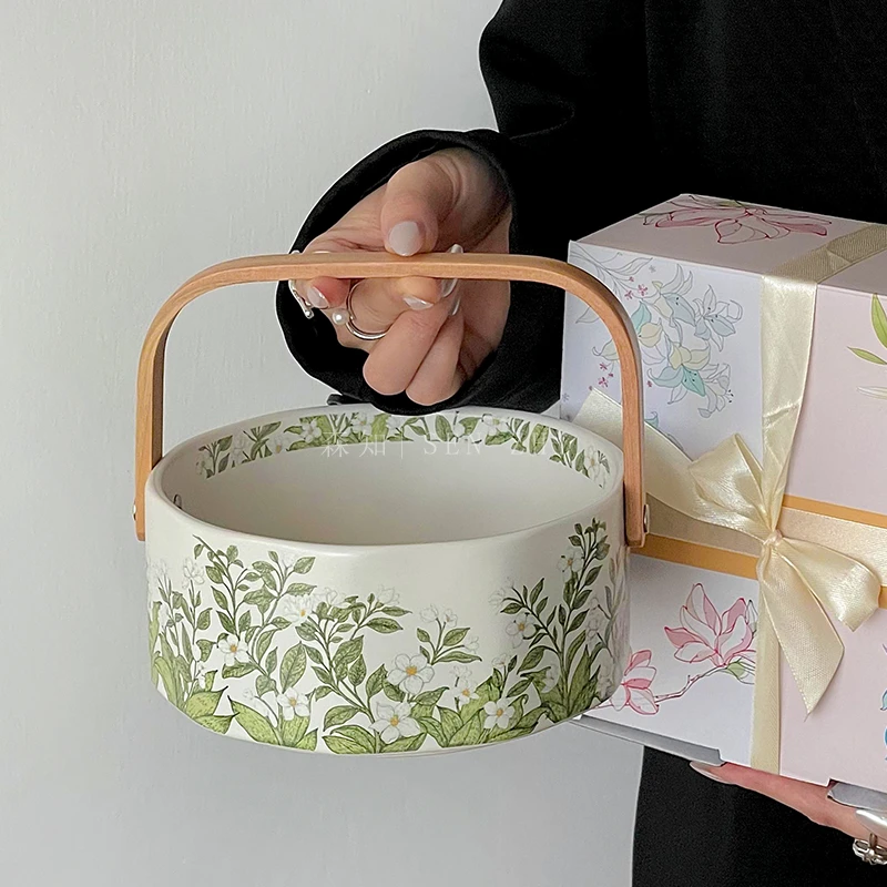 复古限定水彩画铃兰花开陶瓷水果篮高颜值设计感提篮果盘餐具托盘