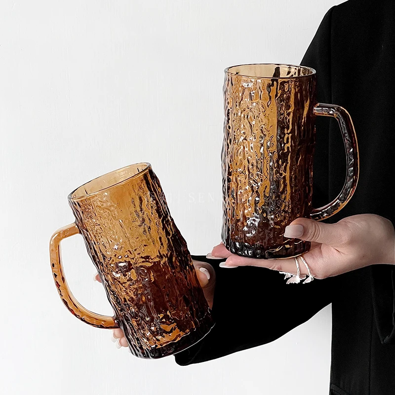 复古琥珀树皮纹玻璃杯家用带把手大容量啤酒杯果汁杯扎啤喝水杯子