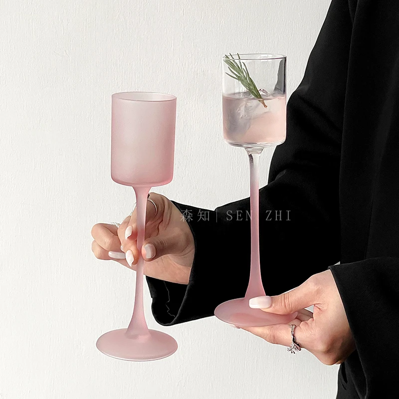 ins风法式渐变粉直筒高颜值酒杯玻璃高脚杯香槟杯创意鸡尾酒杯