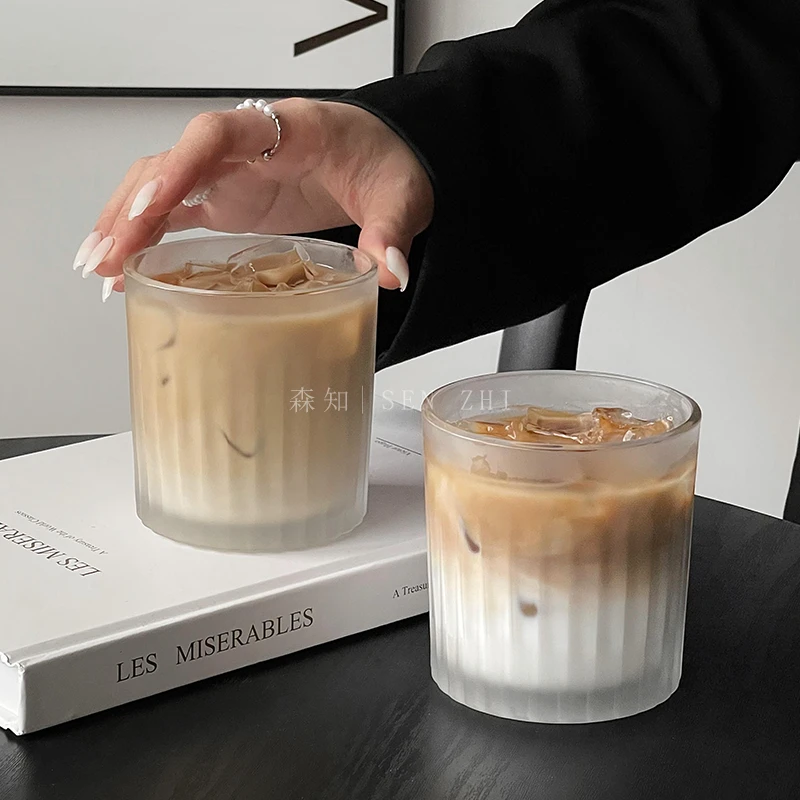 磨砂竖纹玻璃杯冰美式拿铁咖啡杯ins风冷饮杯果汁杯冷萃摩卡杯子
