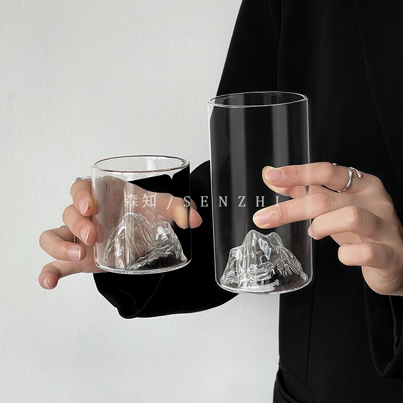 日式复古富士山大容量山河观山杯家用高硼硅喝水杯雪山杯咖啡杯子