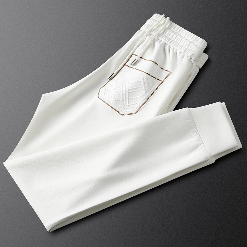 轻奢白色束脚运动休闲裤男修身时尚字母压花男裤秋季男士系带卫裤