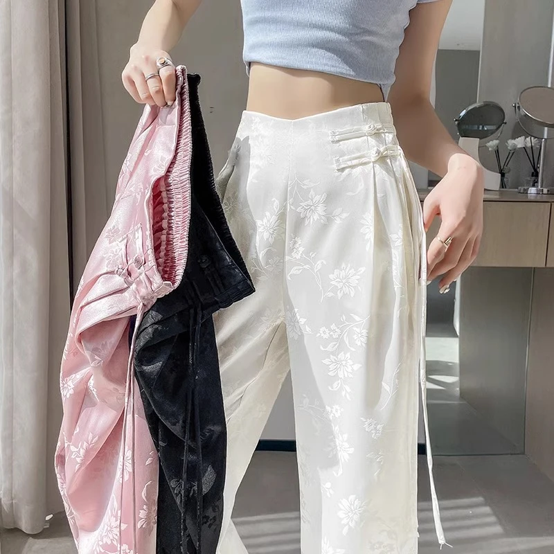 冰丝缎面垂感阔腿裤女夏季薄款2024新中式国风高腰显瘦窄版直筒裤