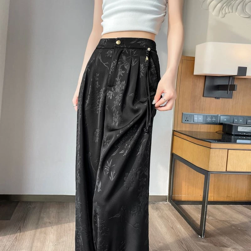 黑色缎面提花阔腿裤女2024夏季爆款高腰垂感小个子国风西装拖地裤