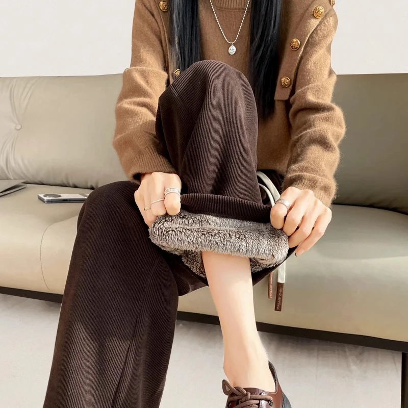 银狐绒加厚阔腿裤女加绒秋冬季高腰显瘦垂感时尚保暖羊羔绒直筒裤