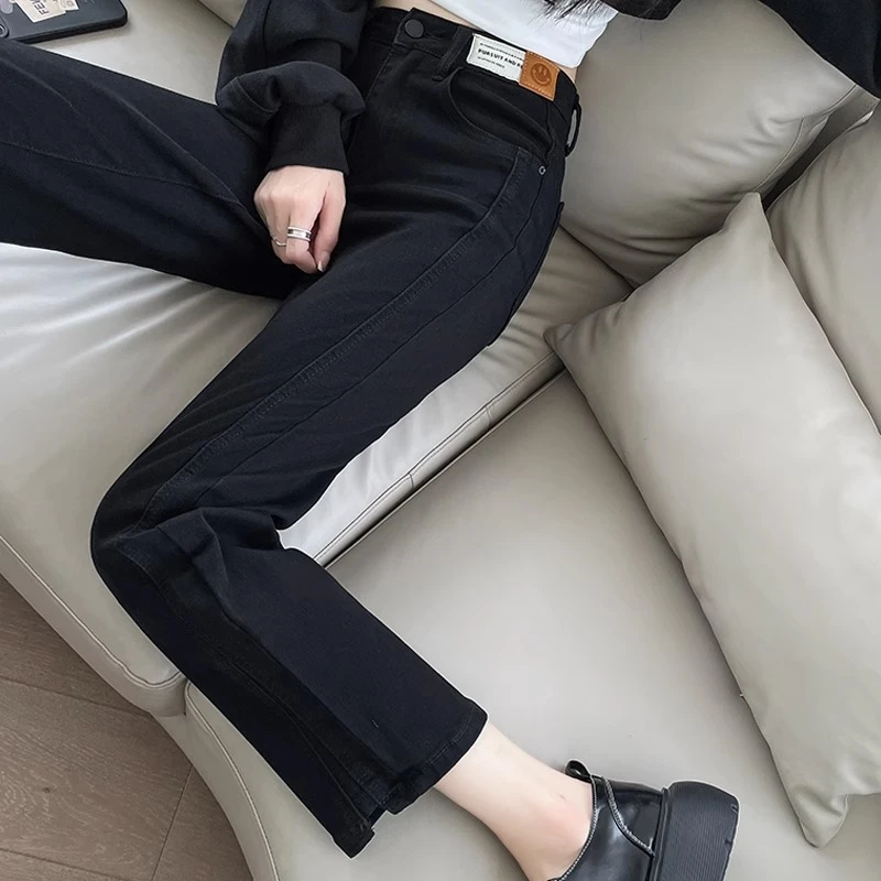 加绒牛仔裤女直筒宽松秋冬2023新款高腰显瘦九分开叉小个子烟管裤