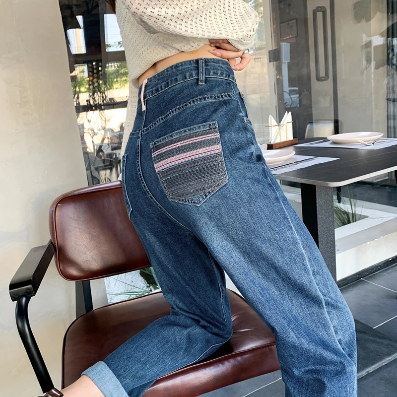 刺绣撞色哈伦牛仔裤女高腰宽松显瘦春秋新款弹力百搭直筒老爹长裤