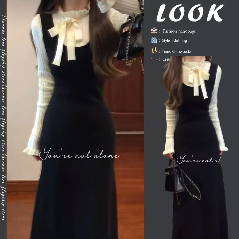 小香风假两件拼接长袖气质针织连衣裙女2024秋冬年新款内搭裙子潮